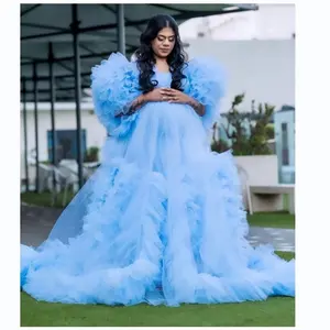 2024 Luxury Party Evening Tulle Dress for Women Sheer Robes Plus Size Maternity Photoshoot Blue Baby Girl Bath Gown