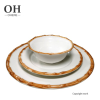 Assiette en relief en bambou Offre Spéciale et bol à riz ensemble de dîner en porcelaine mariage et événement assiette plate ronde en bambou marron en céramique