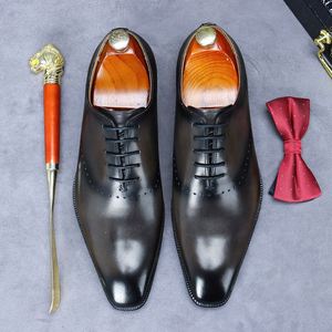 Zapatos Oxford Negros con Punta Cuadrada y Detalles Tallados, de Cuero de Grano Completo, con Cordones, Transpirables, Antideslizantes, Ligeros, para Oficina y Vestir - Product Image 1