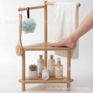 Huiheng Wooden Bathroom <b>Storage</b> Rack With Towel Bar And Shelf Natural Wood Color Moisture Proof For Shower And <b>Bath</b> Use - Product Image 3