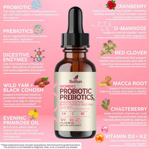 Gouttes prébiotiques pour femmes, complexe prébiotique, enzymes digestives, cohosh noir, igname sauvage et canneberge, gouttes liquides pour la santé vaginale - Product Image 3