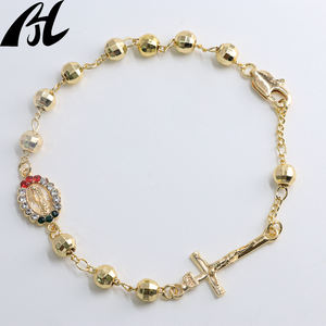 프로모션 14K 옐로우 골드 다이아몬드 컷 구슬 묵주 종교 가톨릭 예수 십자가 팔찌 성모 마리아 패션 매력 팔찌 - Product Image 3