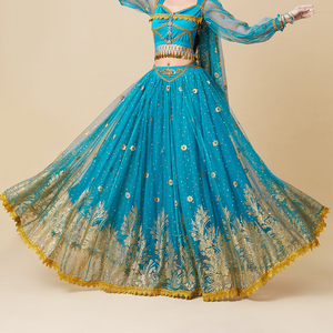 Robe de princesse circulaire grande et exquise pour femmes avec imprimé floral doré et dentelle pour la danse du ventre indienne, <span class=keywords><strong>jupe</strong></span> mi-longue - Product Image 3