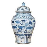 Vase en porcelaine bleu et blanc, motif poisson et lotus, style temple