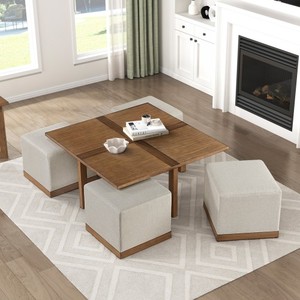 Modern <b>Square</b> Console Table Set with 4x Upholstered Stools Brown Finish Marble Top <b>Adjustable</b> Height-Living Room Furniture - Product Image 2