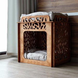Solid Wood Two-Story Cat <b>House</b> Grayish Brown Multifunctional Pet <b>Bed</b> For Medium Cats - Product Image 2