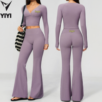 Ensemble de vêtements de sport décontractés pour la course en plein air, taille haute, col en V, manches longues, pour la gym, le yoga, le pilates, 2 pièces