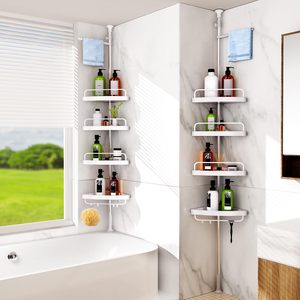 Moderno Portasciugamani Angolare a 4 Ripiani in <span class=keywords><strong>Acciaio</strong></span> Inox e Plastica PP, Pieghevole 2.6-3.6M, Organizzatore da Parete per Hotel e Bagni - Product Image 1