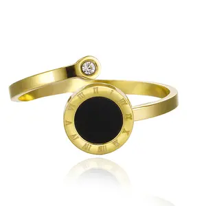 Nessa Korean simple diamond set black round personality ring unique stainless steel jewelry N2401107