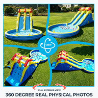 Toboggans aquatiques gonflables commerciaux à double piste avec piscine à balles, mur d'escalade, piscine à jets, jeu de lancer d'anneaux, panier de basket-ball, souffleur