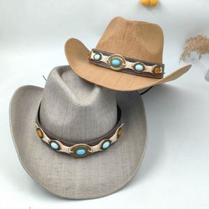 Vintage Straw Cowboy <b>Hat</b> Wide Brim Sun <b>Hat</b> with Decorative Leather Band - Product Image 5