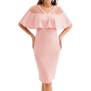 Custom Plus Size Casual Pink Ruffle Lace Pencil Work Office Wear Midi Short Formal Lady eleganti abiti da Cocktail Party per le donne