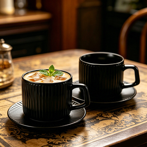Mug à café en verre rayé de haute qualité avec poignée, tasses à café rondes noires en verre 300 ml pour café, lait et <span class=keywords><strong>eau</strong></span> - Product Image 1