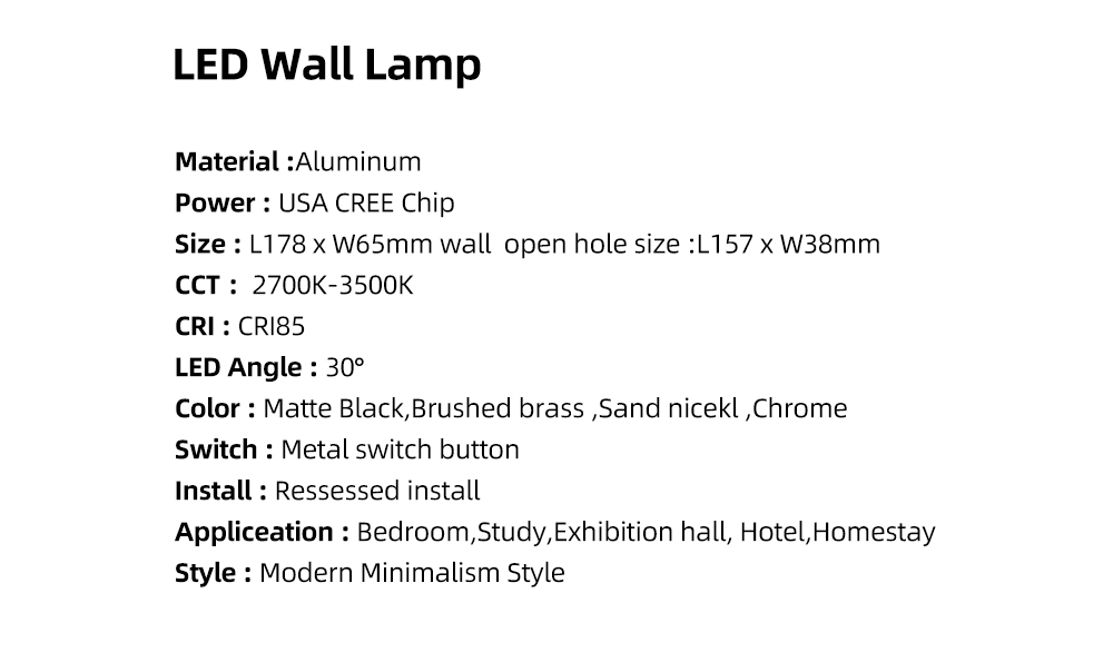 Morden Bedside For Bedroom Hotel Recessed Mounted 3w Led Reading Wall Lamp