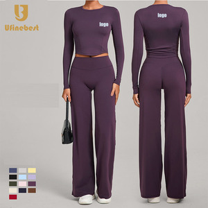 Pantaloni a gamba dritta Casual in tinta unita e traspirante Yoga a forma di V <span class=keywords><strong>magliette</strong></span> sportive ad asciugatura rapida per lo Yoga da <span class=keywords><strong>donna</strong></span> set di due pezzi per il <span class=keywords><strong>Fitness</strong></span> - Product Image 1