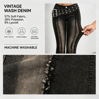 Pantalon en jean noir souple évasé pour femme, taille basse, coupe droite, fermeture éclair