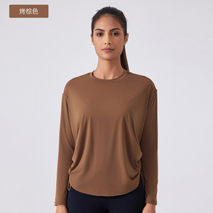 T-shirts de yoga à manches longues avec cordon de serrage latéral, logo personnalisé, style élégant, surdimensionnés, pour la salle de sport, t-shirt de haute qualité pour femmes - Product Image 5