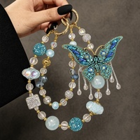 Cadena de Lujo para Teléfono con Mariposa Turquesa, Abalorios de Cristal y Diamantes de Imitación AB, Llavero Dorado, Colgante para Bolso, Joyería Hecha a Mano al por Mayor