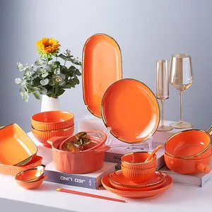 Роскошный дизайнерский оранжевый керамический набор посуды в скандинавском стиле с комплектами посуды для ресторанов и отелей в г. Пномпень