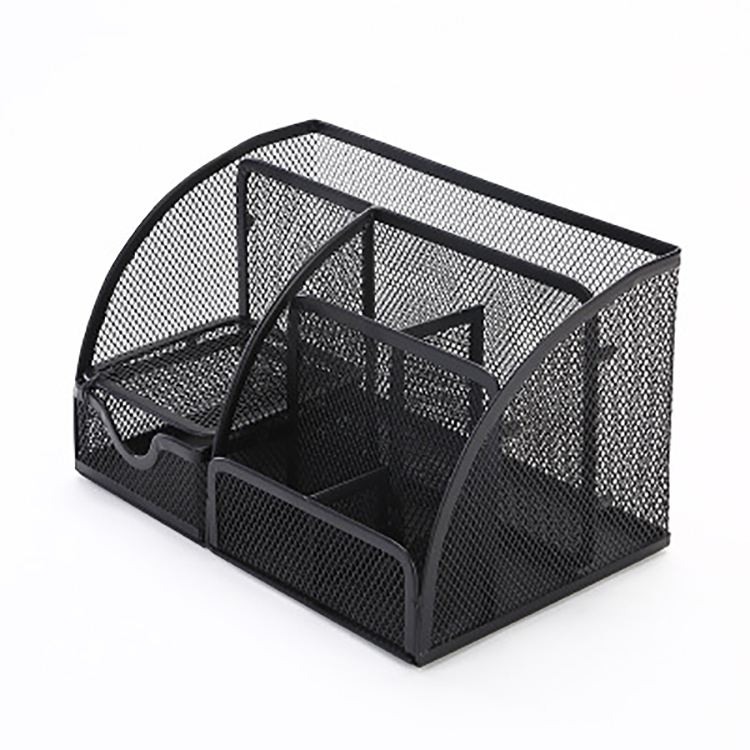 Wholesale Metal Mesh Office Supplies Pen Pencil Holder Desk Organizer 6 Compartments w/ Drawer, Black