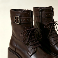 Sepatu Wanita Kulit Sapi Lembut Cokelat Vintage Model Retro Combat dengan Tali, Gesper Logam, Ritsleting Samping, Hak Tebal, Musim Gugur Musim Dingin, MOQ Rendah