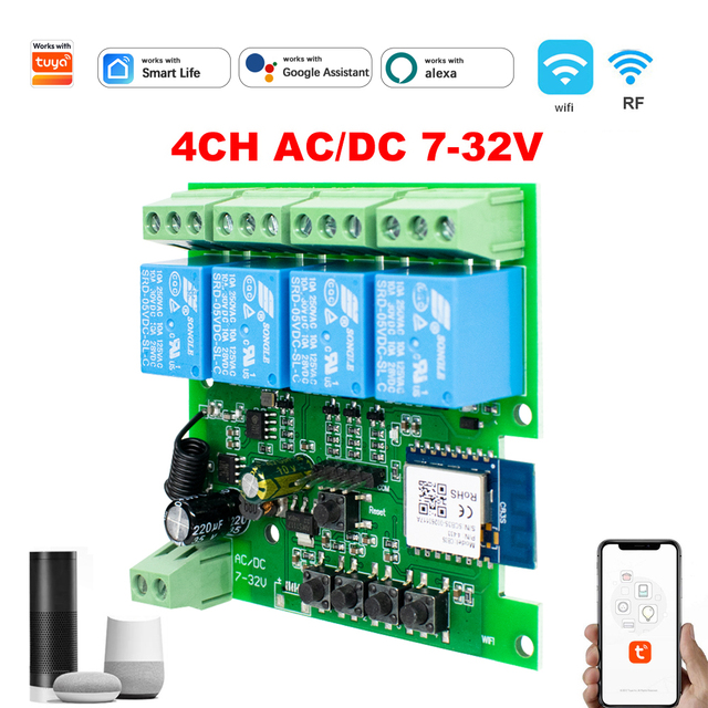 AC DC 7-32V Works WithTuya WiFi 4ch Motor Switch Module 4 Channel RF Receiver 10A Relay Smart Life Wireless Control