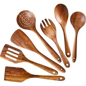 Lot de 6 ustensiles de cuisine en bois de teck et d'acacia naturel, spatules et cuillères en bois pour la cuisson - Product Image 1