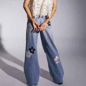 Jeans personnalisés pour femmes à jambes larges, mode taille basse, patchwork, jeans déchirés pour petit ami, vente en gros de pantalons baggy décontractés pour femmes - Product Image 4