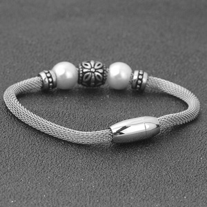 Tibetan Silver Mesh Chain <b>Bracelet</b> With Pearl <b>Beads</b> And Geometric Design Fashion Jewelry <b>For</b> Men And Women - Product Image 4