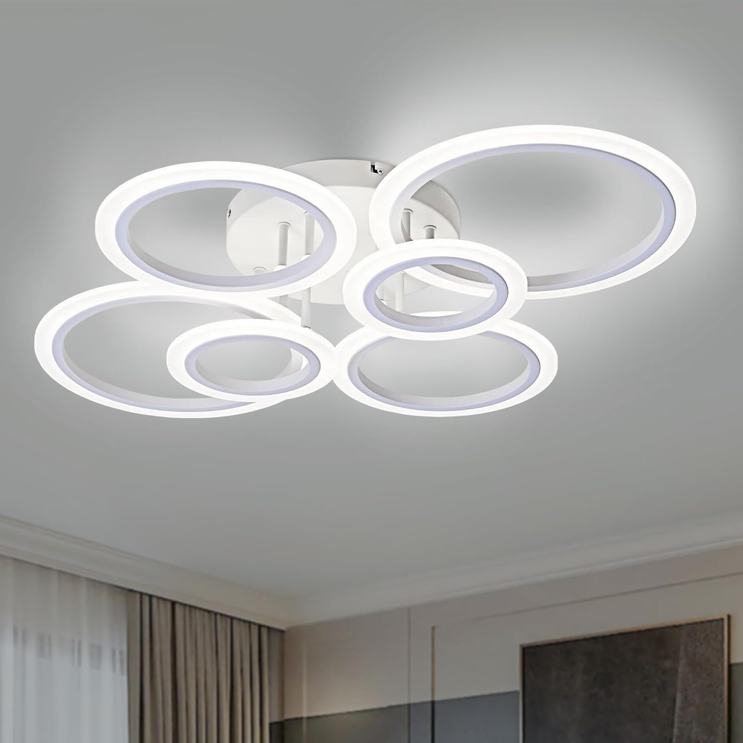 Modern 6 Rings Flush Mount Ceiling Light, Dimmable Lighting Fixture Ceiling Lamp for Kitchen Bedroom Living Room Laundry Room