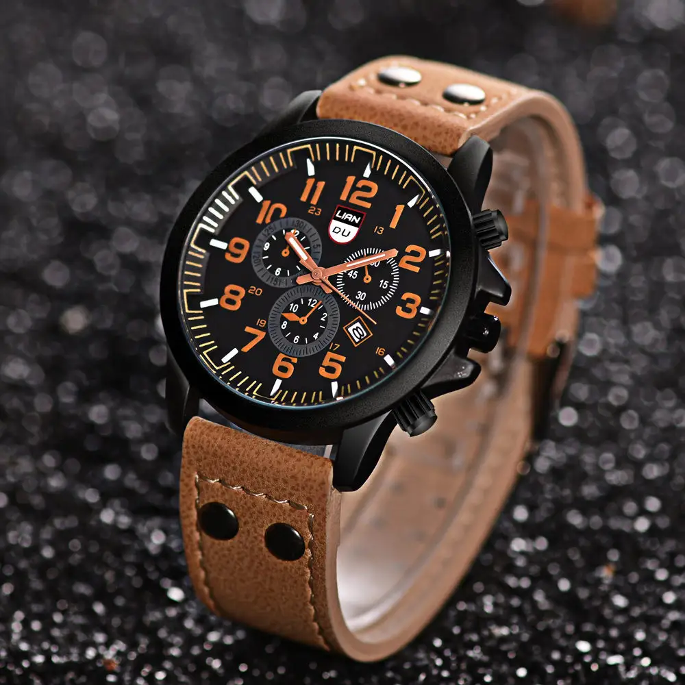 New Fashion High Quality Casual Men Design Leather bands wrist Quartz Watches Men Sports Three Eyes Calendar Watch