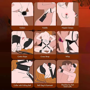 Kit de bondage BDSM 11 pièces : Ensemble de retenue, menottes, attaches de cheville, collier, laisse, fouet, corde, bandeau pour les yeux, pinces à tétons, jouet fétichiste - Product Image 3