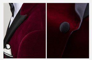 Haut de gamme mince affaires messieurs marié <span class=keywords><strong>costume</strong></span> 2 pièces hommes mariage Banquet vin rouge <span class=keywords><strong>velours</strong></span> simple boutonnage pic-revers <span class=keywords><strong>costume</strong></span> - Product Image 3
