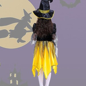 Disfraz de bruja para niños, vestido amarillo de cosplay con sombrero y varita para fiesta de Halloween, edad de 8 a 13 años - Product Image 5