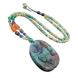 New Ethnic Style Brass Turquoise Pendant <b>Long</b> <b>Necklace</b> Antique Gold Plated Classic Trendy Carved Beaded Sweater Chain Jewelry - Product Image 5