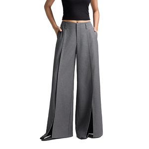 Pantalones de Cintura Alta y Pierna Ancha, Color Gris Sólido, Pliegues Delanteros, Cierre de Cremallera, Corte Holgado, Estilo Minimalista, Pantalones de Otoño para Mujer - Product Image 1