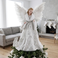 Weihnachtsengel als Baumaufsatz mit Weißen Federflügeln Silberner Glanz Nordischer Großer Religiöser Weihnachtsbaumschmuck