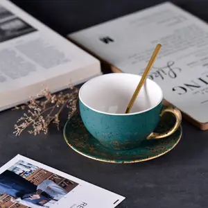 Simple and Creative Nordic Light Luxury INS Gradual Broken Ceramic Couple Mug Exquisite Coffee Cup Plate with Spoon Set