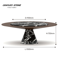 Table à manger en marbre naturel Calacatta Viola noir Centurystone, surface en bois fumé, plateau tournant en marbre
