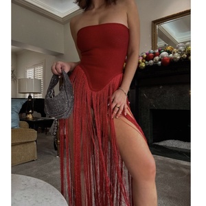 Fashion Design Long Tassel Patchwork <strong>Strapless</strong> Bandage <strong>Bodysuit</strong> Women Sexy High Street Evening Party Nightclub Hotwife Outfit - Product Image 1