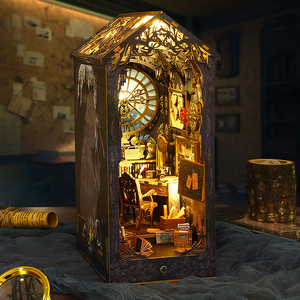 Kit d'insertion d'étagère de coin <span class=keywords><strong>livre</strong></span> DIY 3D Puzzle en bois Maison de poupée Assemblage Modèle Serre-livres avec meubles Lumière LED Cadeaux de Noël - Product Image 3