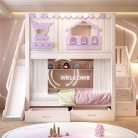 Camas Literas con Forma de Dibujos Animados JS FURNITURE, Cama Infantil con Almacenamiento, Cama de Madera Maciza, Muebles Infantiles para Dormitorio, Cama con Tobogán para Niño