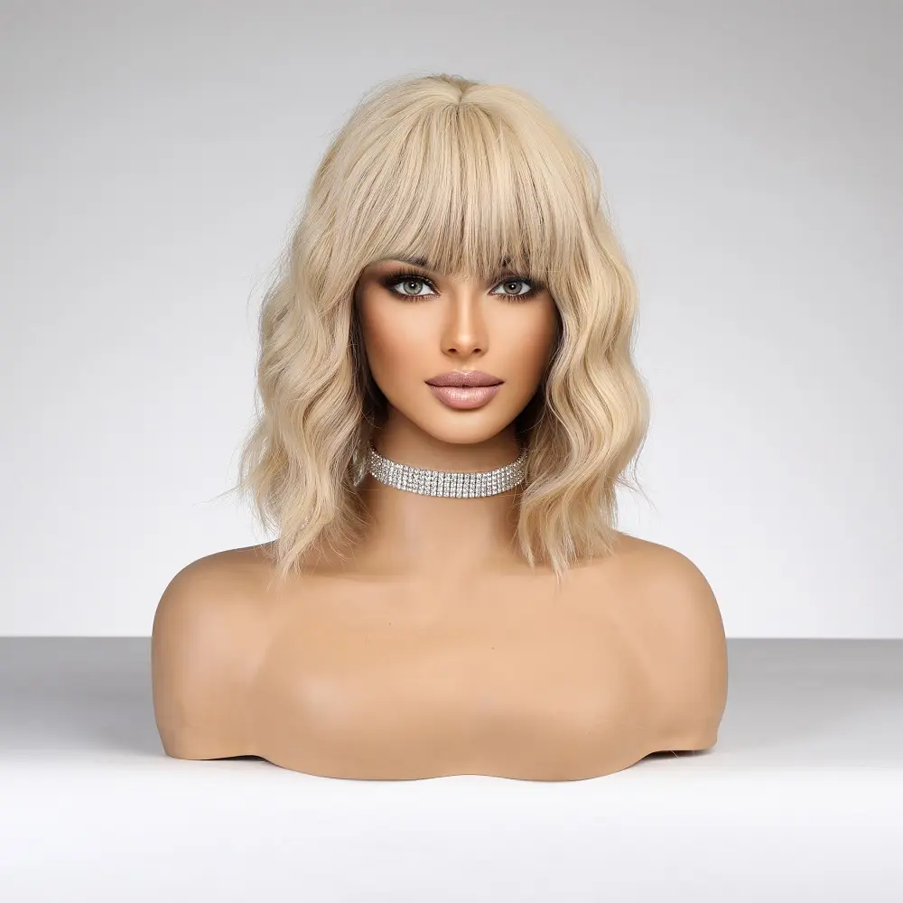 Shoulder Length High Quality with Bang Body Wave Blonde Synthetic Wigs for White Women