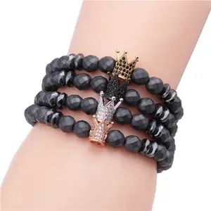 New design matte hematite beads black CZ diamond crown men elastic bracelet
