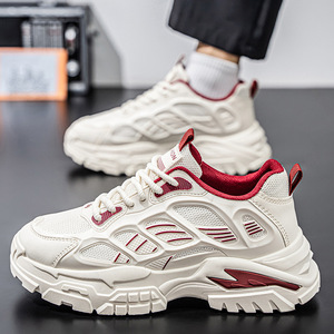 Baskets Dad Techwear pour Hommes Blanc Crème en Maille Creuse, à Semelle Épaisse Multi-Couches à Nervures, Rehaussantes, pour la Marche Athlétique - Product Image 2