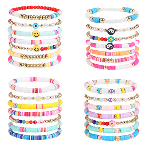 Colorful Polymer <b>Clay</b> Bracelet <b>Set</b> Bohemian Style Heart Smiley Face Women's Jewelry Gift for Valentine's Day - Product Image 1