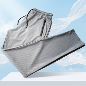 Pantalon de jogging gris en molleton respirant et anti-plis pour homme, taille élastique avec cordon de serrage, poches latérales, décontracté et léger en maille - Product Image 1