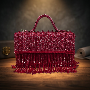Pochette souple rouge perlée avec franges, sac à main scintillant pour soirée - Product Image 1