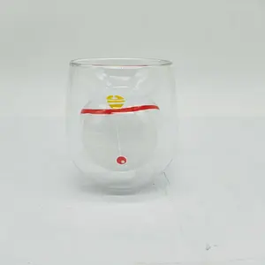 Wholesale clear Borosilicate Glass double wall glass cup with Cartoon decoration drinking glass coffee cup For Kitchen