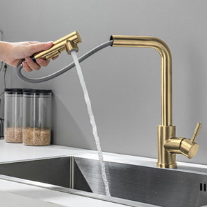 <span class=keywords><strong>Robinet</strong></span> de cuisine extractible en acier inoxydable SUS 304, finition or brossé, en forme de 7, mitigeur eau chaude et froide pour évier - Product Image 3